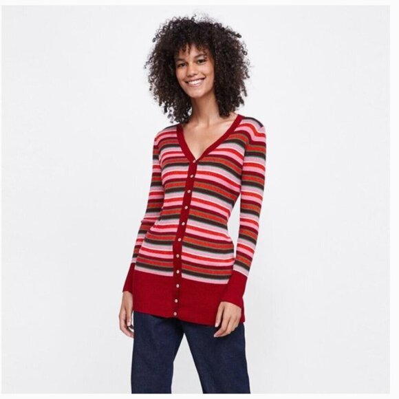 Zara Sweaters - Zara Red Multi-Color Striped Shimmer Thread Cardigan - Size S